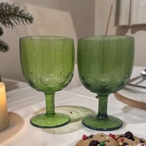 Bartlett Collins Thumbprint Light & Dark Green Goblets, Set of 2, Vintage Barwar
